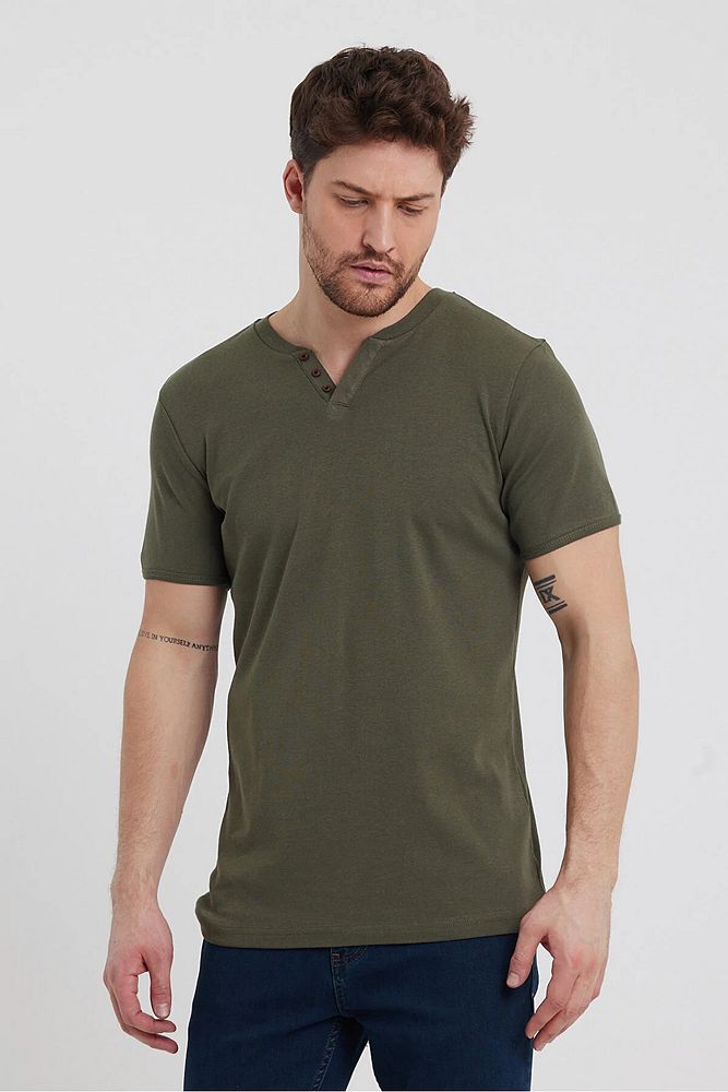 Erkek Rahat Kalıp Patlı Düğmeli Likralı Bisiklet Yaka Pamuklu T-shirt