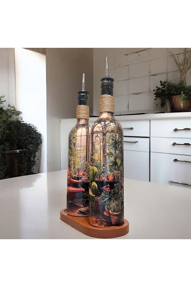El yapımı Rustik Koltuk Desenli Renkli 750 ml Zeytinyağı Sıvıyağ Şişesi Yağdanlık Yağlık 2'li Set