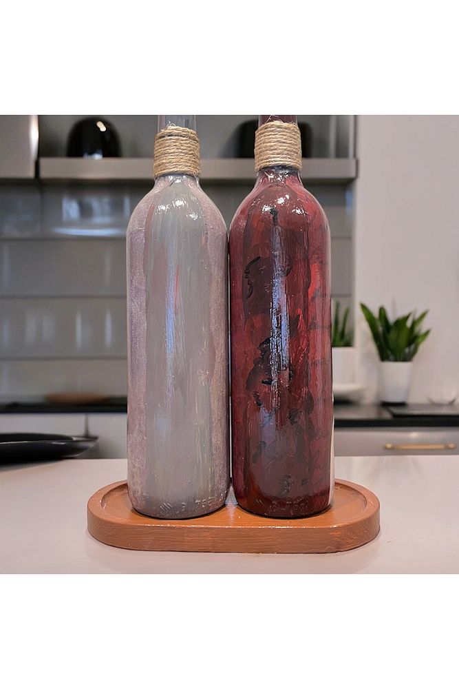 El Yapımı Ekoseli Kadın 750 ml Zeytinyağı Sıvıyağ Şişesi Yağdanlık Yağlık Sirkelik Sosluk 2'li Set