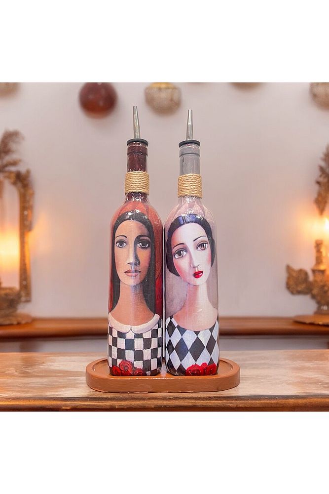 El Yapımı Ekoseli Kadın 750 ml Zeytinyağı Sıvıyağ Şişesi Yağdanlık Yağlık Sirkelik Sosluk 2'li Set