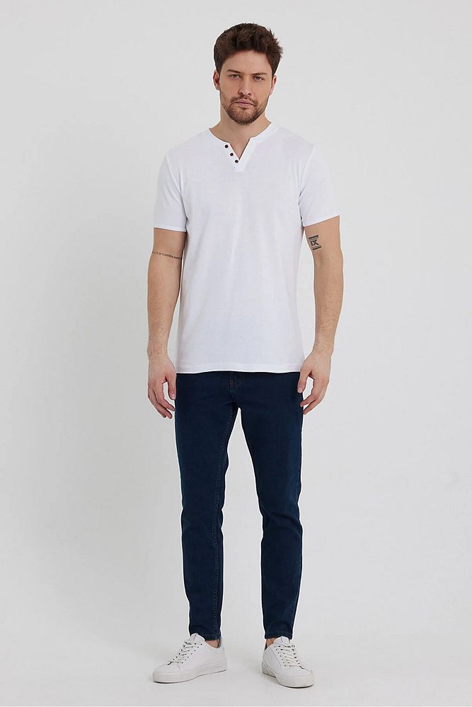 Erkek Rahat Kalıp Patlı Düğmeli Likralı Bisiklet Yaka Pamuklu T-shirt