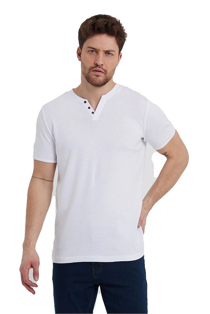 Erkek Rahat Kalıp Patlı Düğmeli Likralı Bisiklet Yaka Pamuklu T-shirt