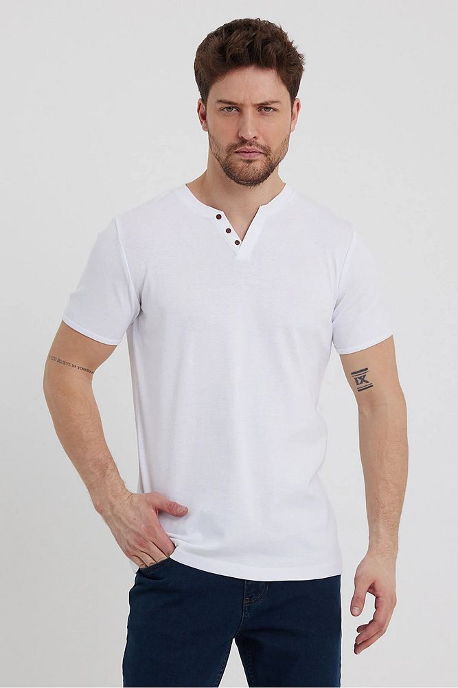 Erkek Rahat Kalıp Patlı Düğmeli Likralı Bisiklet Yaka Pamuklu T-shirt