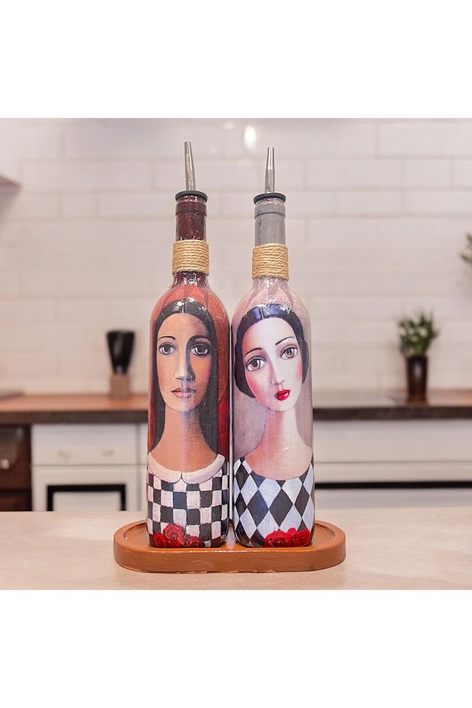 El Yapımı Ekoseli Kadın 750 ml Zeytinyağı Sıvıyağ Şişesi Yağdanlık Yağlık Sirkelik Sosluk 2'li Set