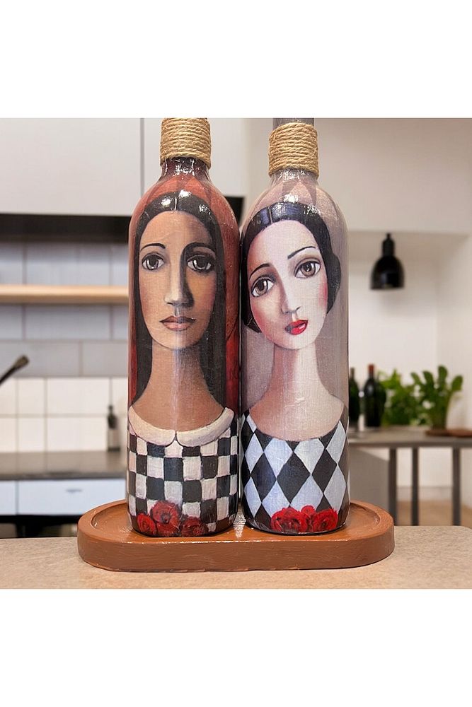 El Yapımı Ekoseli Kadın 750 ml Zeytinyağı Sıvıyağ Şişesi Yağdanlık Yağlık Sirkelik Sosluk 2'li Set