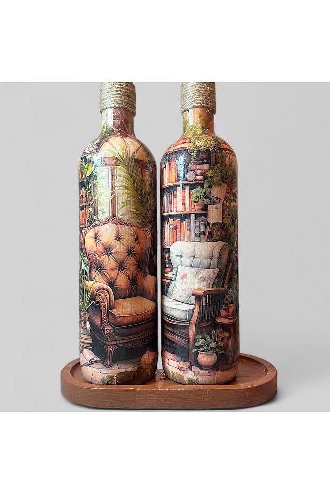 El yapımı Kışbahçesi Desenli Renkli 750 ml Zeytinyağı Sıvıyağ Şişesi Yağdanlık Yağlık 2'li Set