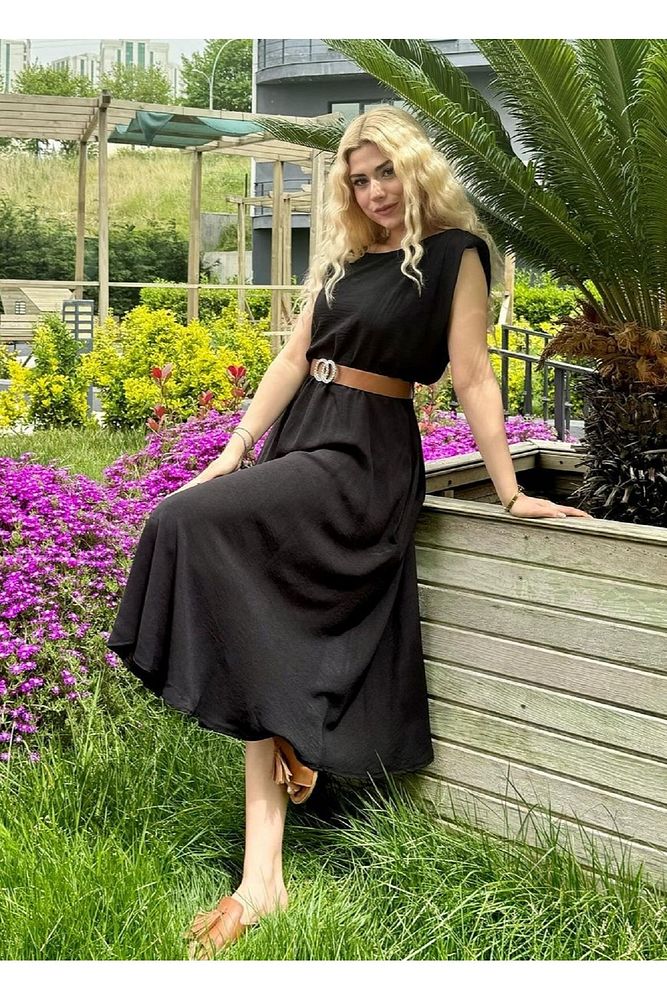 Kadın Bisiklet Yaka Beli Lastikli Kemerli Vatkalı Ayrobin Uzun Elbise