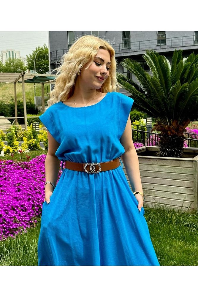 Kadın Bisiklet Yaka Beli Lastikli Kemerli Vatkalı Ayrobin Uzun Elbise