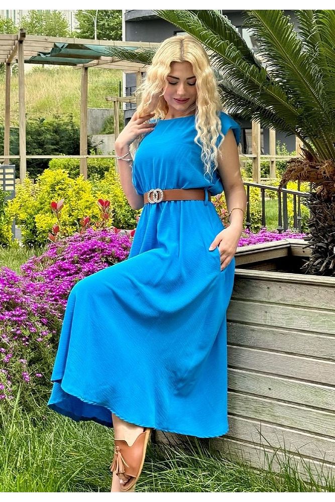 Kadın Bisiklet Yaka Beli Lastikli Kemerli Vatkalı Ayrobin Uzun Elbise