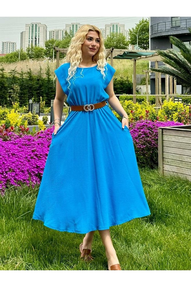 Kadın Bisiklet Yaka Beli Lastikli Kemerli Vatkalı Ayrobin Uzun Elbise