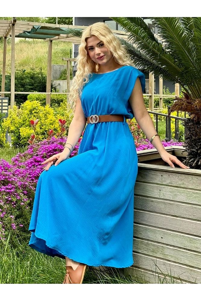 Kadın Bisiklet Yaka Beli Lastikli Kemerli Vatkalı Ayrobin Uzun Elbise
