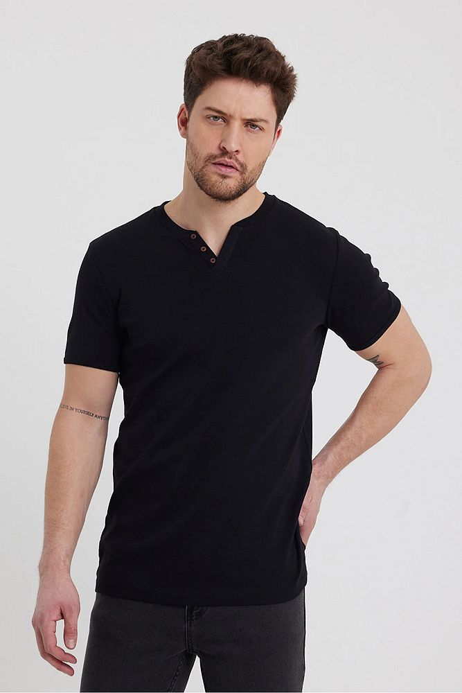Erkek Rahat Kalıp Patlı Düğmeli Likralı Bisiklet Yaka Pamuklu T-shirt
