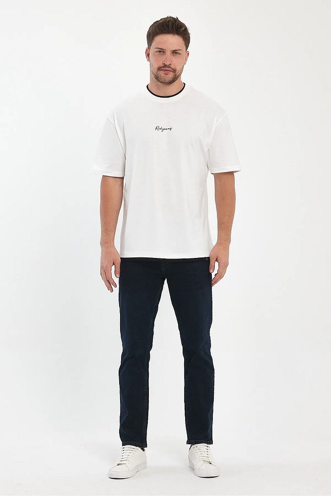 Erkek Bisiklet Yaka Eteği Yakası Garnili Rodi Jeans Yazılı Bisiklet Yaka Oversize T-Shirt