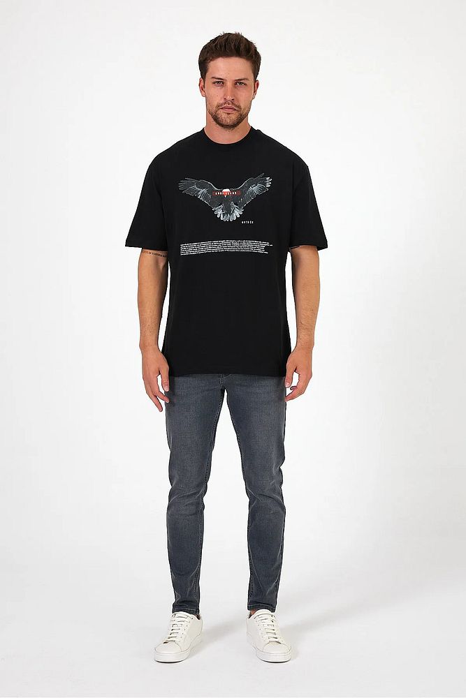 Erkek Bisiklet Yaka Önü Rodi Jeans Kartal Baskılı Oversize T-Shirt