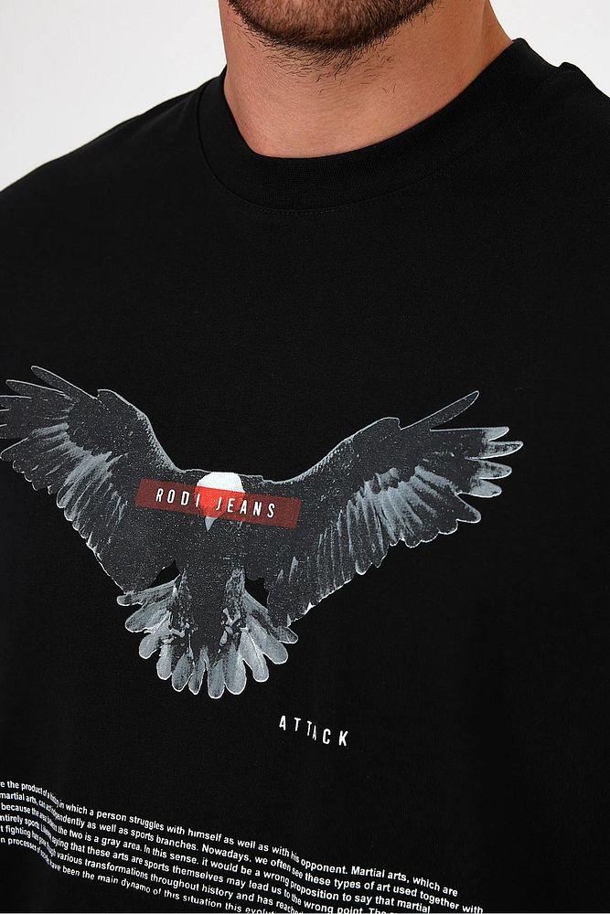 Erkek Bisiklet Yaka Önü Rodi Jeans Kartal Baskılı Oversize T-Shirt