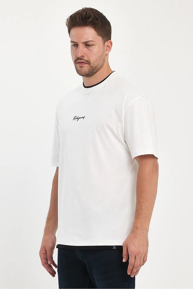 Erkek Bisiklet Yaka Eteği Yakası Garnili Rodi Jeans Yazılı Bisiklet Yaka Oversize T-Shirt
