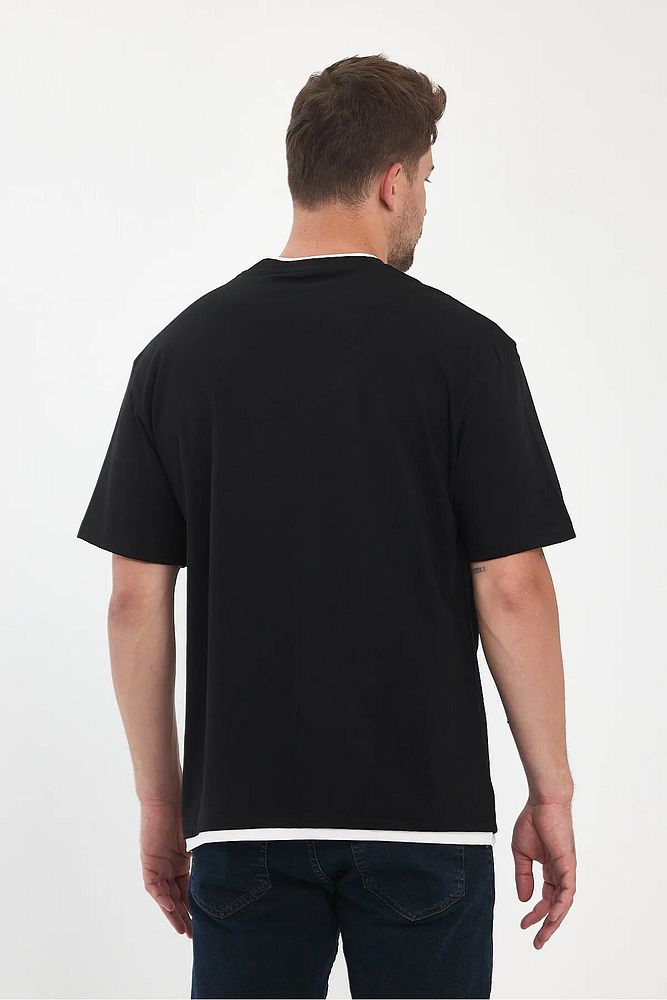 Erkek Bisiklet Yaka Eteği Yakası Garnili Rodi Jeans Yazılı Bisiklet Yaka Oversize T-Shirt