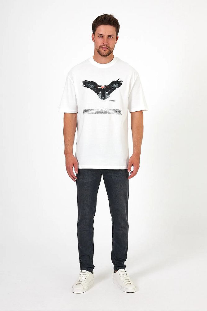 Erkek Bisiklet Yaka Önü Rodi Jeans Kartal Baskılı Oversize T-Shirt