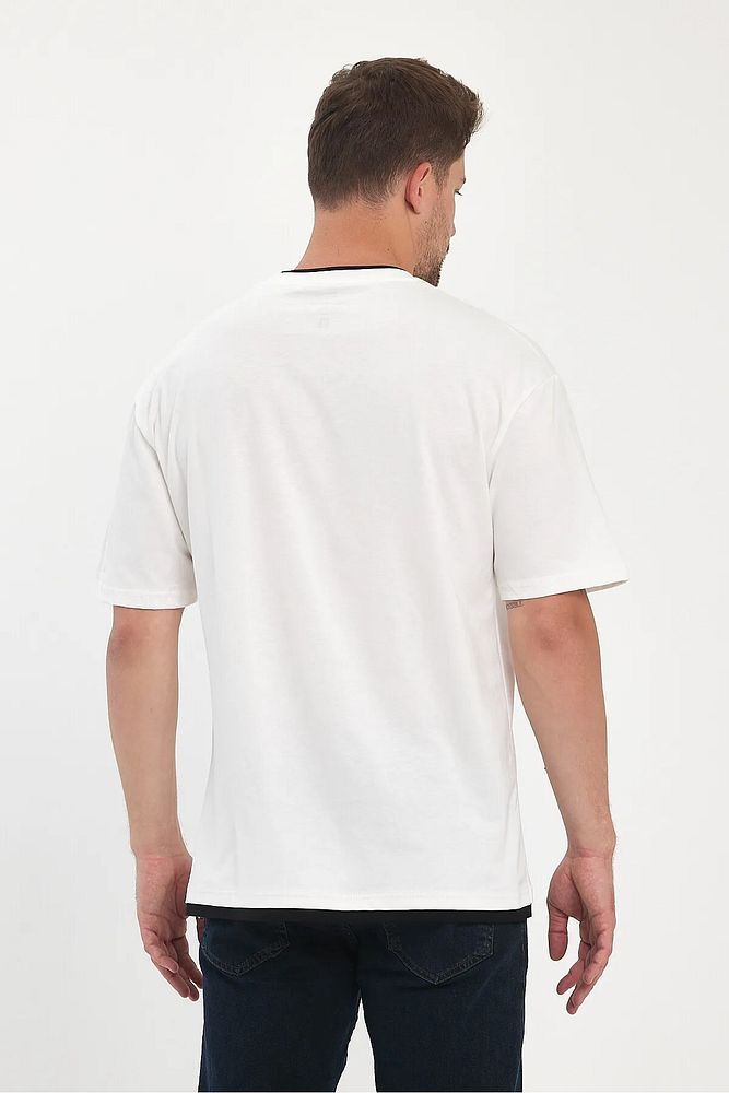 Erkek Bisiklet Yaka Eteği Yakası Garnili Rodi Jeans Yazılı Bisiklet Yaka Oversize T-Shirt