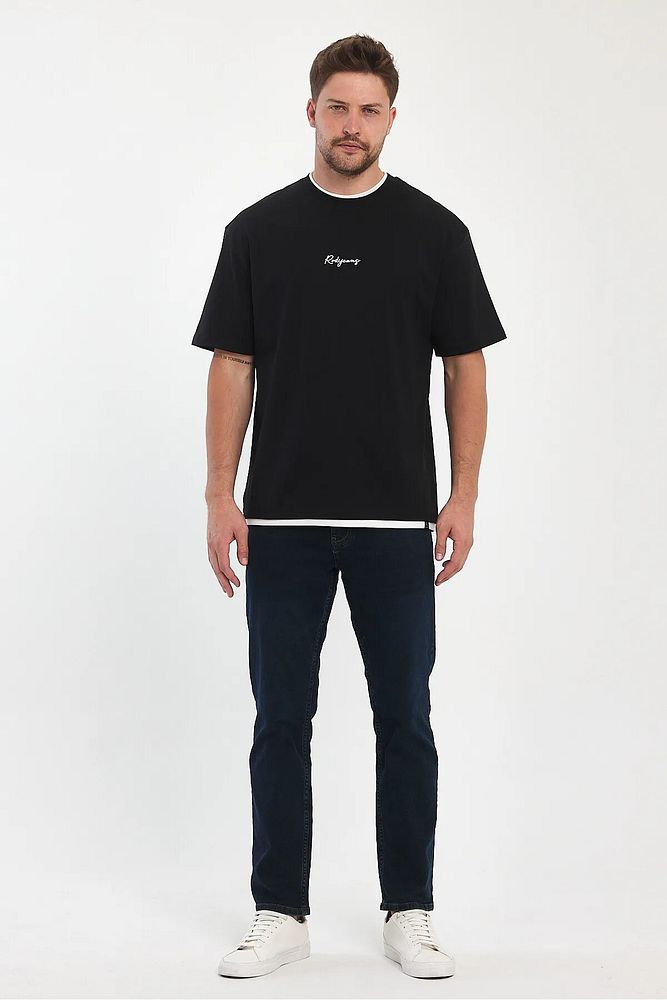 Erkek Bisiklet Yaka Eteği Yakası Garnili Rodi Jeans Yazılı Bisiklet Yaka Oversize T-Shirt