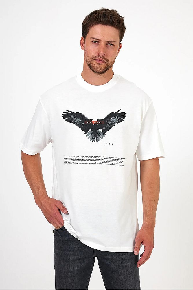 Erkek Bisiklet Yaka Önü Rodi Jeans Kartal Baskılı Oversize T-Shirt