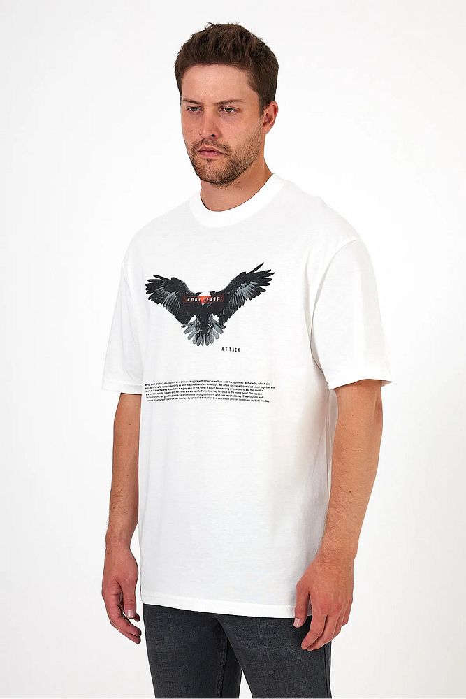 Erkek Bisiklet Yaka Önü Rodi Jeans Kartal Baskılı Oversize T-Shirt