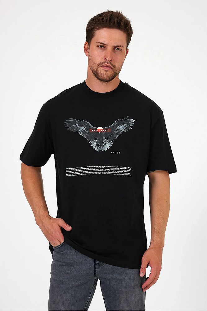 Erkek Bisiklet Yaka Önü Rodi Jeans Kartal Baskılı Oversize T-Shirt