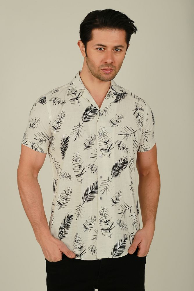 Erkek Hawaii Desenli Apaş Yaka Keten Gömlek