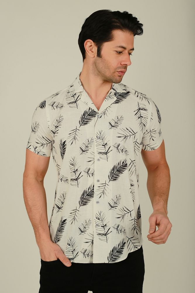 Erkek Hawaii Desenli Apaş Yaka Keten Gömlek