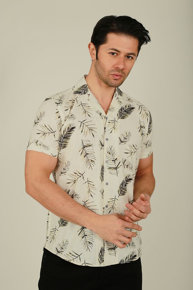 Erkek Hawaii Desenli Apaş Yaka Keten Gömlek