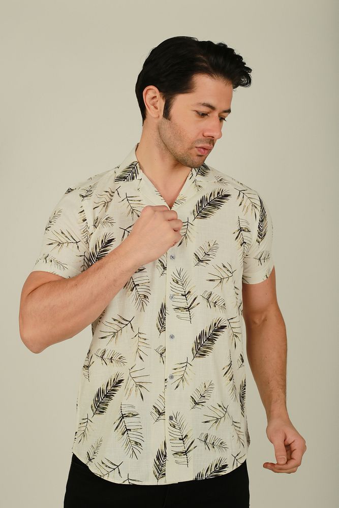 Erkek Hawaii Desenli Apaş Yaka Keten Gömlek