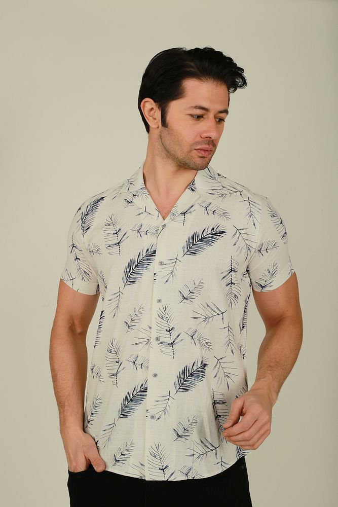 Erkek Hawaii Desenli Apaş Yaka Keten Gömlek