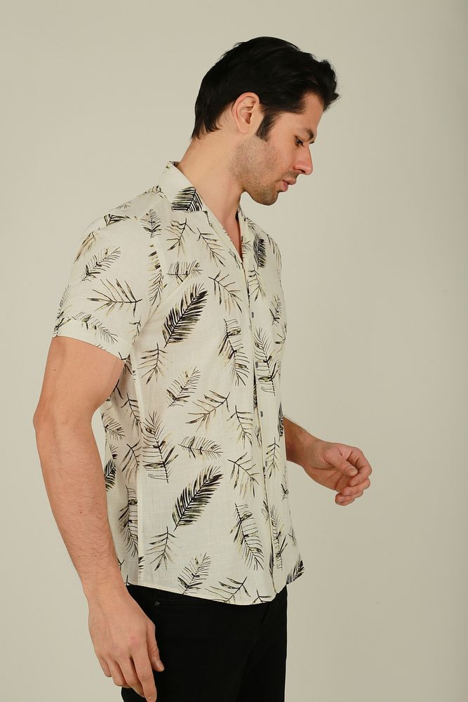 Erkek Hawaii Desenli Apaş Yaka Keten Gömlek
