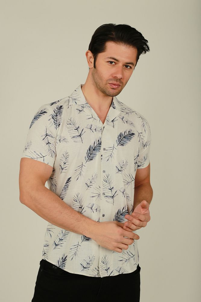 Erkek Hawaii Desenli Apaş Yaka Keten Gömlek