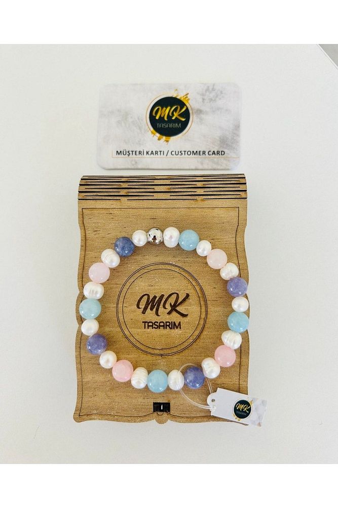 Gerçek Inci -gerçek Mavi,pembe, Mor Kuvars Bileklik | Mktasarım Kutusunda | Mktasarım Müşteri Kartlı