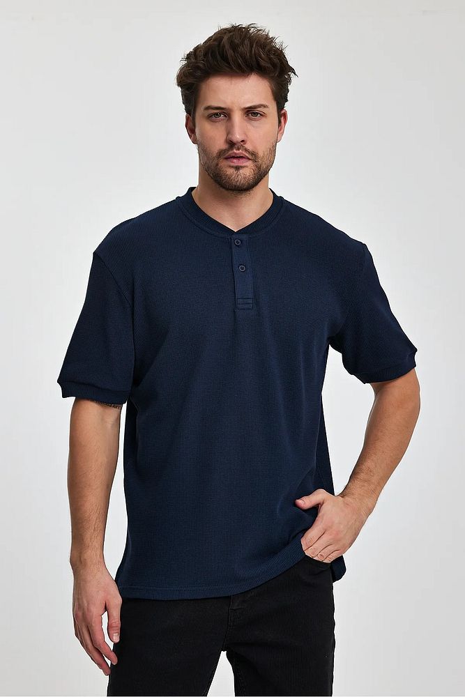 Rodi Jeans Erkek Önü Düğmeli Bisiklet Yaka Relaxed Fit Petek Dokuma T-shirt