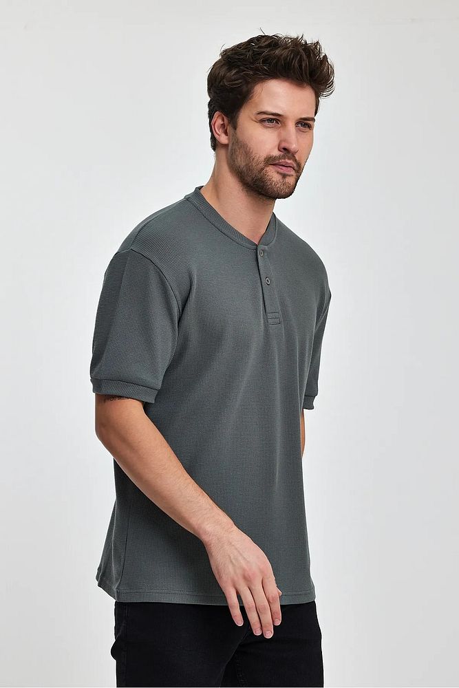 Rodi Jeans Erkek Önü Düğmeli Bisiklet Yaka Relaxed Fit Petek Dokuma T-shirt