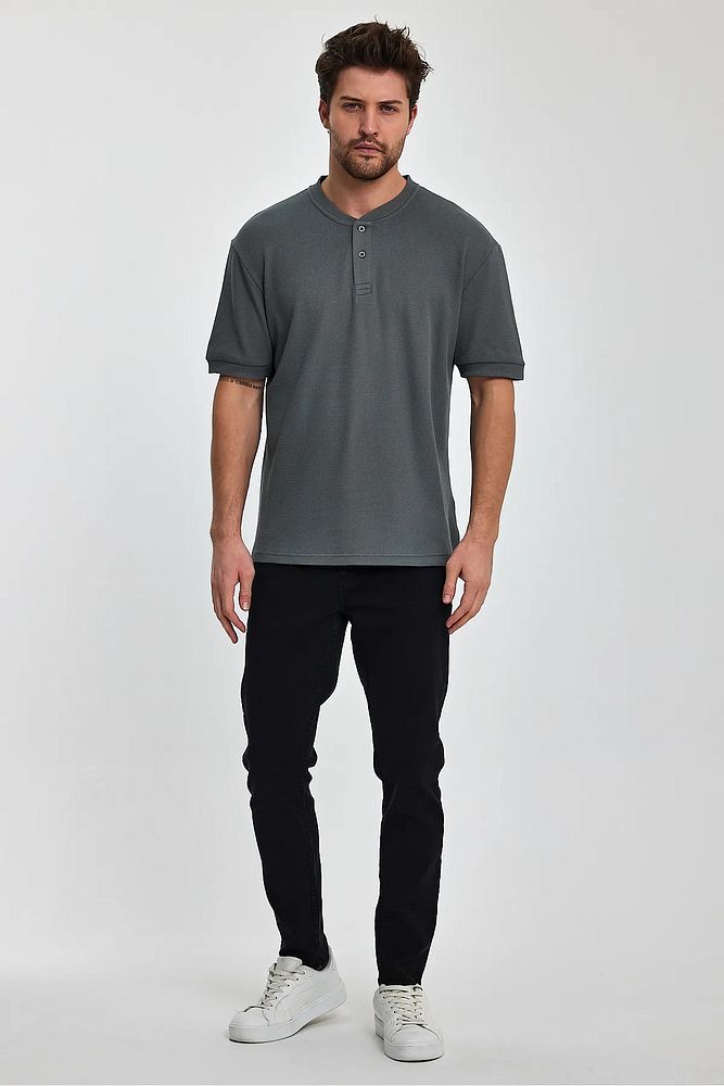 Rodi Jeans Erkek Önü Düğmeli Bisiklet Yaka Relaxed Fit Petek Dokuma T-shirt