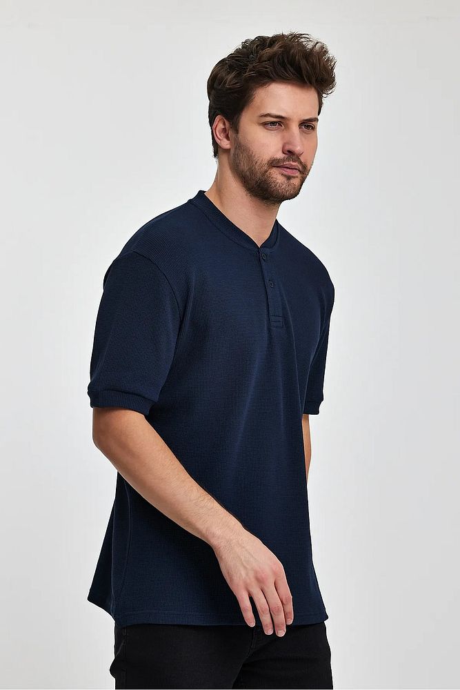 Rodi Jeans Erkek Önü Düğmeli Bisiklet Yaka Relaxed Fit Petek Dokuma T-shirt