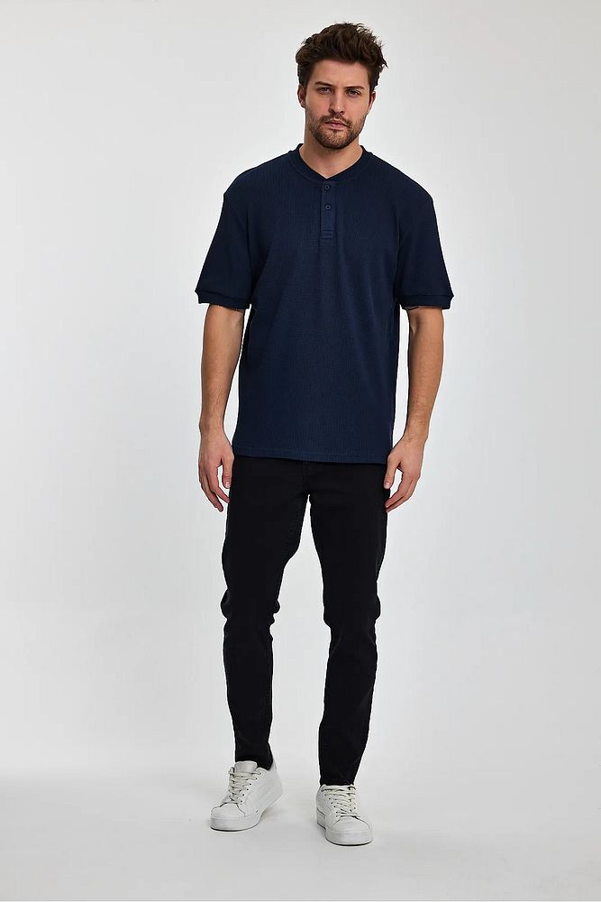 Rodi Jeans Erkek Önü Düğmeli Bisiklet Yaka Relaxed Fit Petek Dokuma T-shirt
