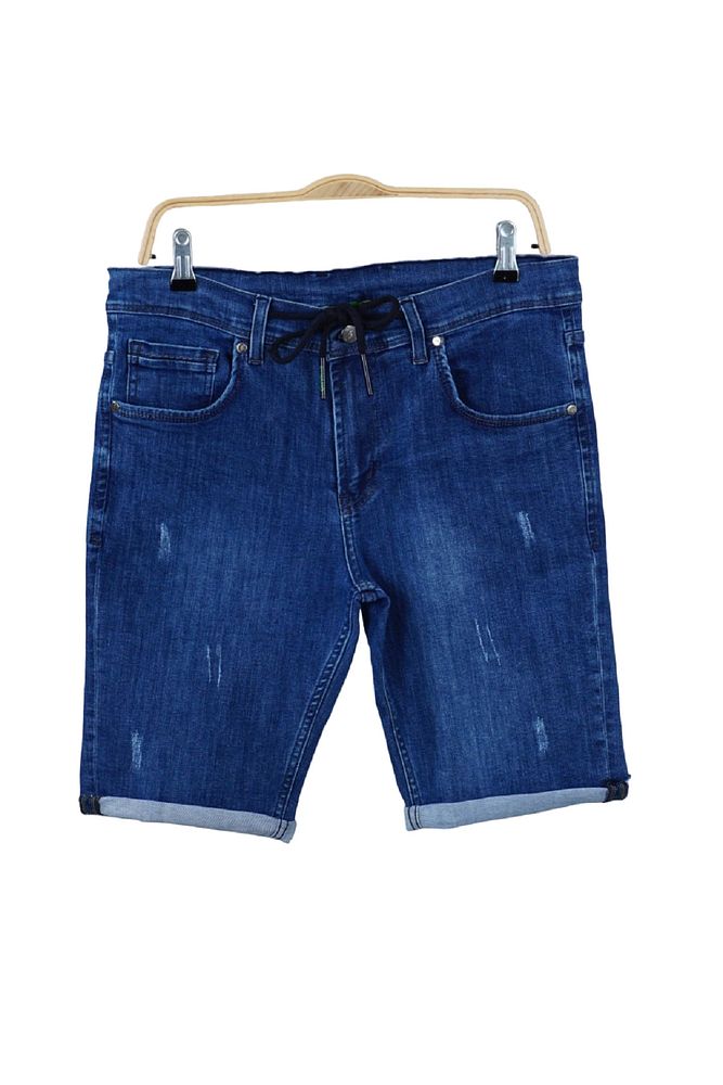 Erkek Beli İpli ve Kemerli Lazer Tırnaklı Esnek Likralı Slim Fit Kot Şort