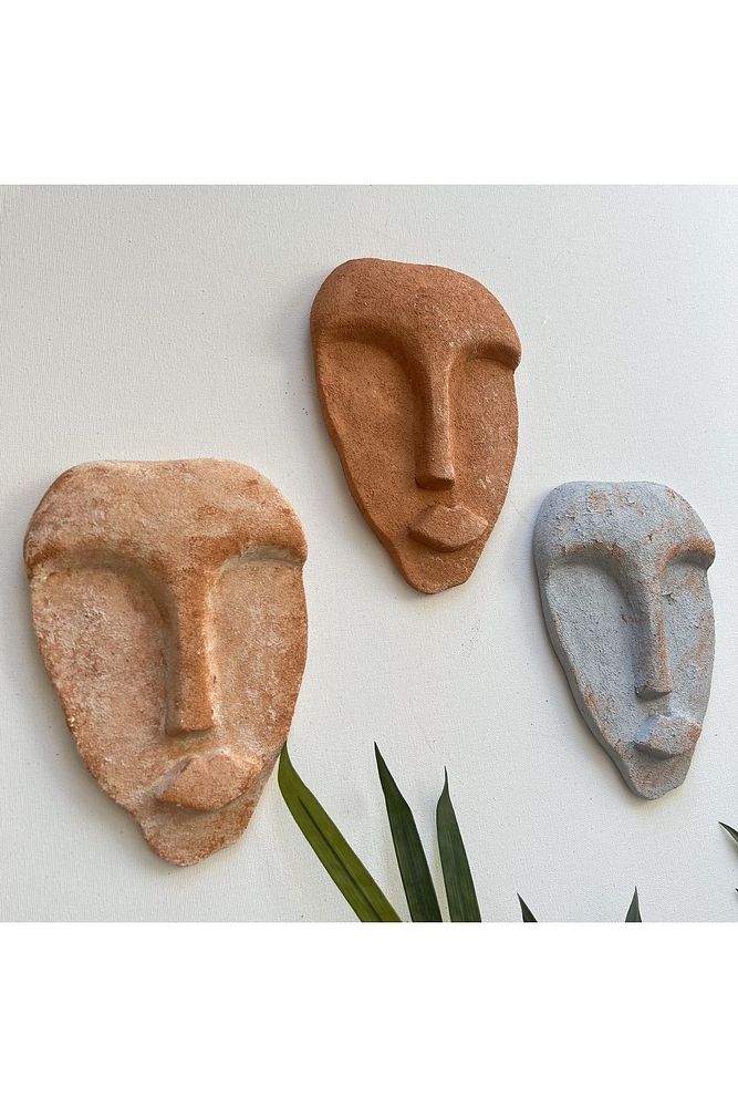 El Yapımı Taş Heykel Soyut Yüz Maske 3'li Set, Modern beton,eskitme taş görünümlü duvar dekor