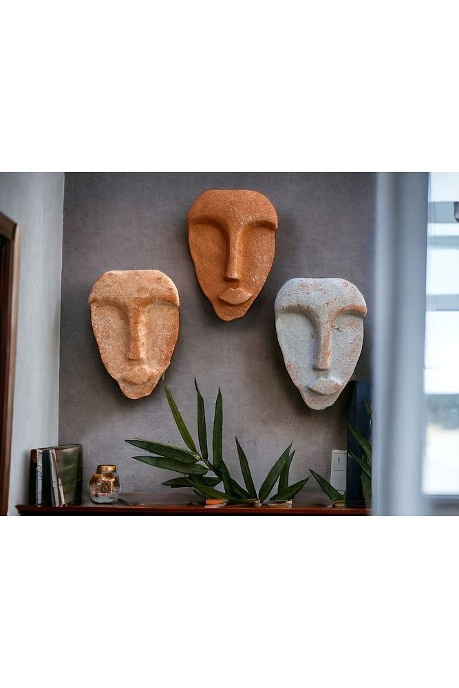 El Yapımı Taş Heykel Soyut Yüz Maske 3'li Set, Modern beton,eskitme taş görünümlü duvar dekor