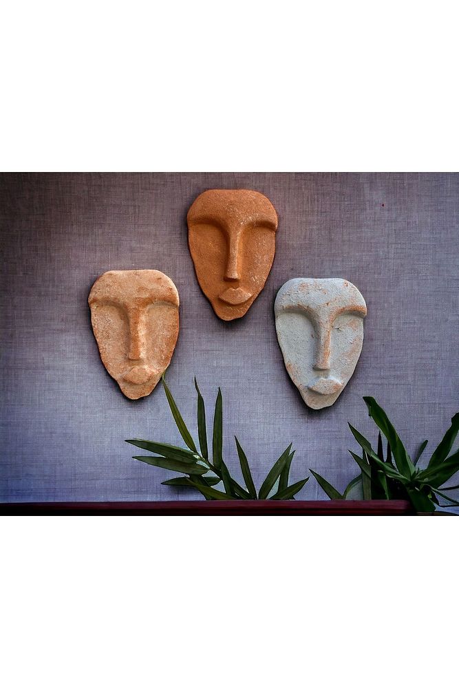 El Yapımı Taş Heykel Soyut Yüz Maske 3'li Set, Modern beton,eskitme taş görünümlü duvar dekor