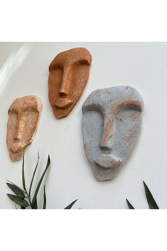 El Yapımı Taş Heykel Soyut Yüz Maske 3'li Set, Modern beton,eskitme taş görünümlü duvar dekor