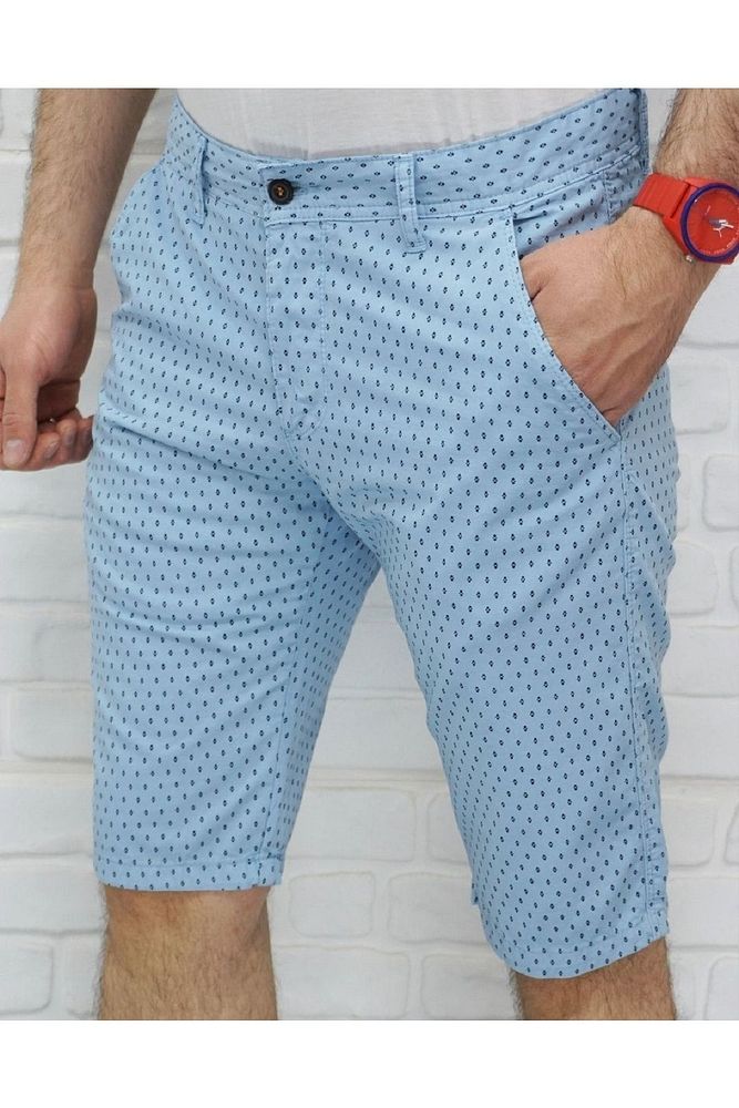 Erkek Mavi Slim Fit Desenli Keten Şort