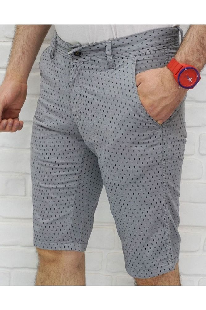 Büyük Beden Gri Desenli Slim Fit Keten Şort