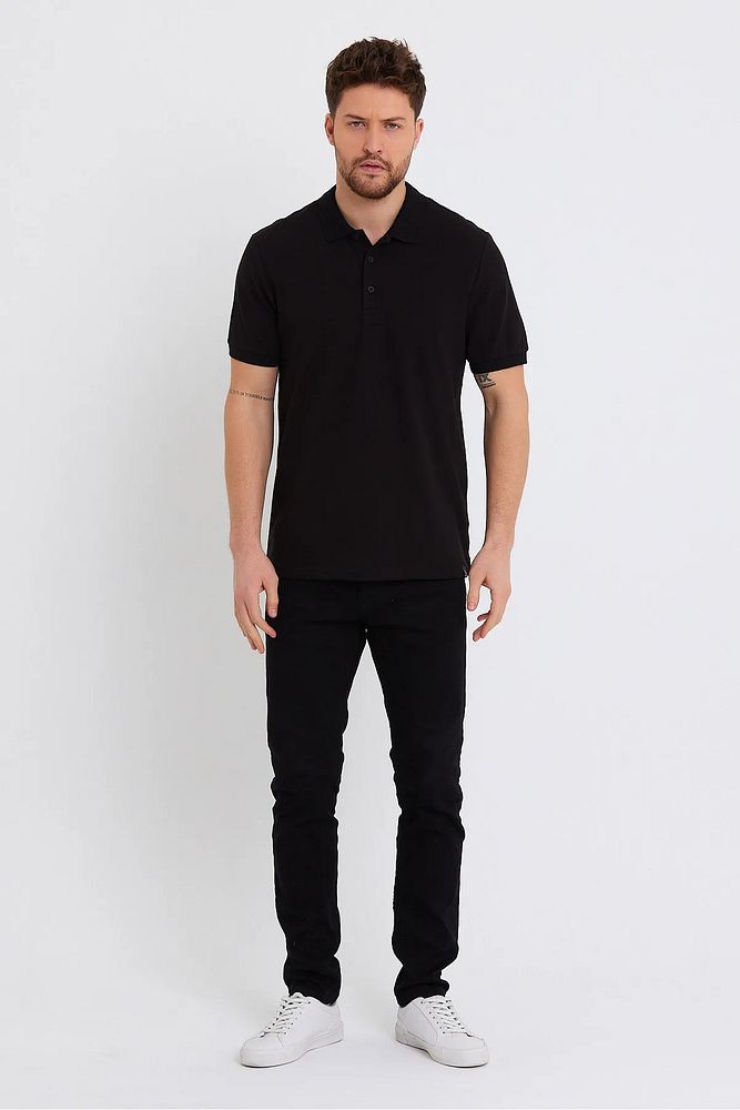Erkek Siyah Basic Ribana Kol %100 Pamuk Polo Yaka T-shirt