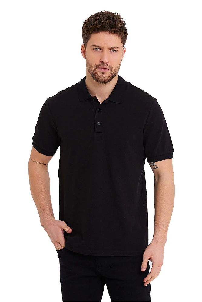 Erkek Siyah Basic Ribana Kol %100 Pamuk Polo Yaka T-shirt
