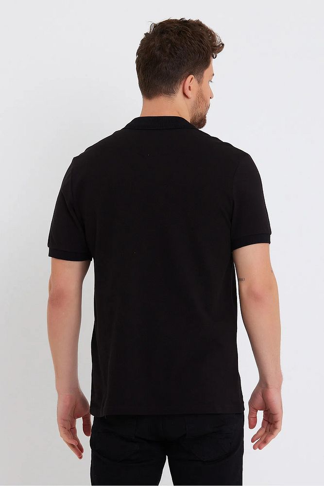 Erkek Siyah Basic Ribana Kol %100 Pamuk Polo Yaka T-shirt